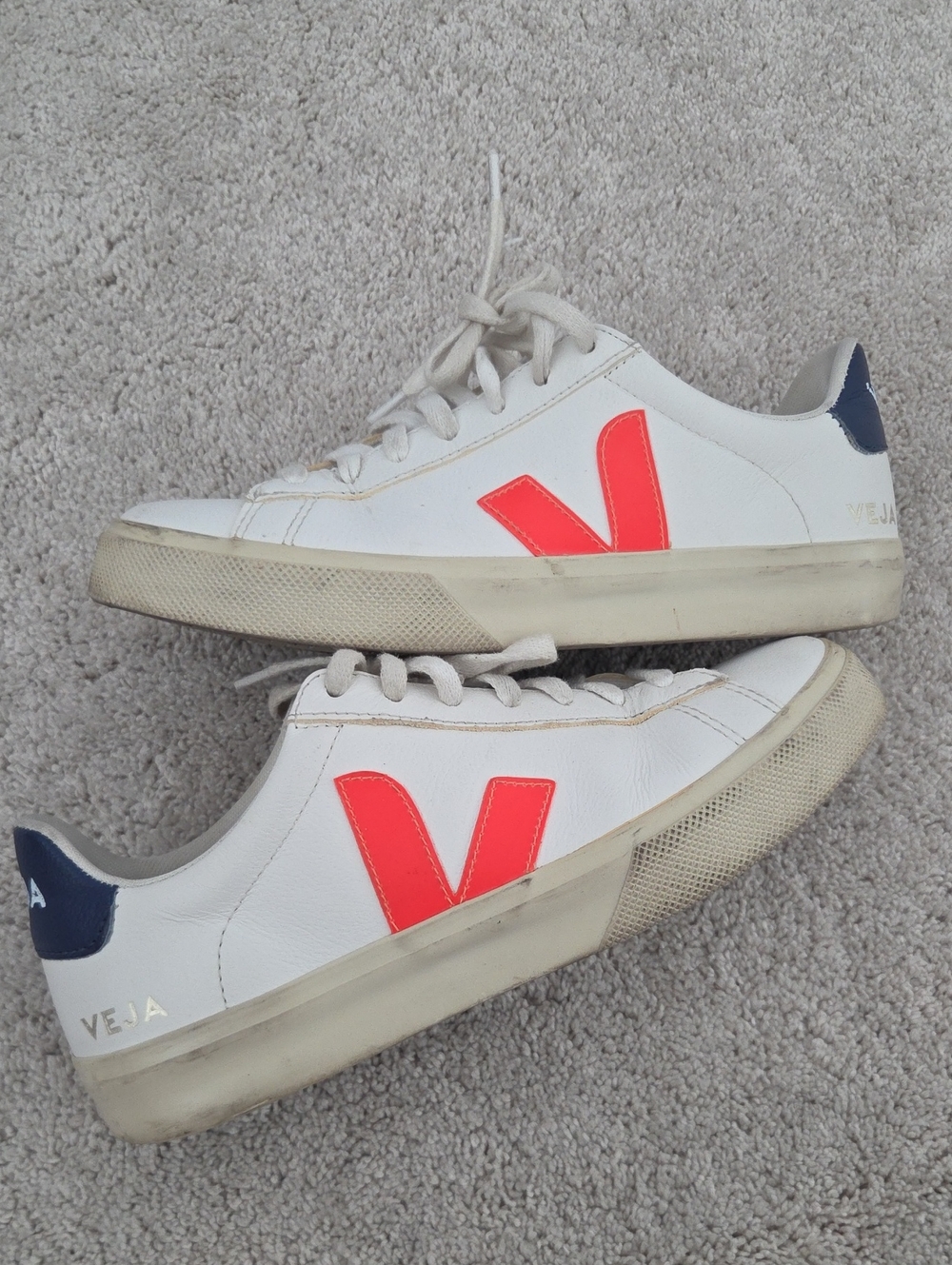 Veja White Sneakers with Neon Coral V and Navy Heel